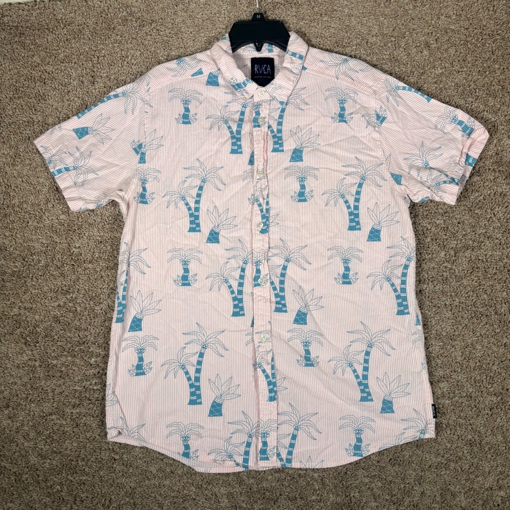 RVCA Kristen Liu-Wong Mens Large Pink Teal Striped Palm Tree Button Up Shirt